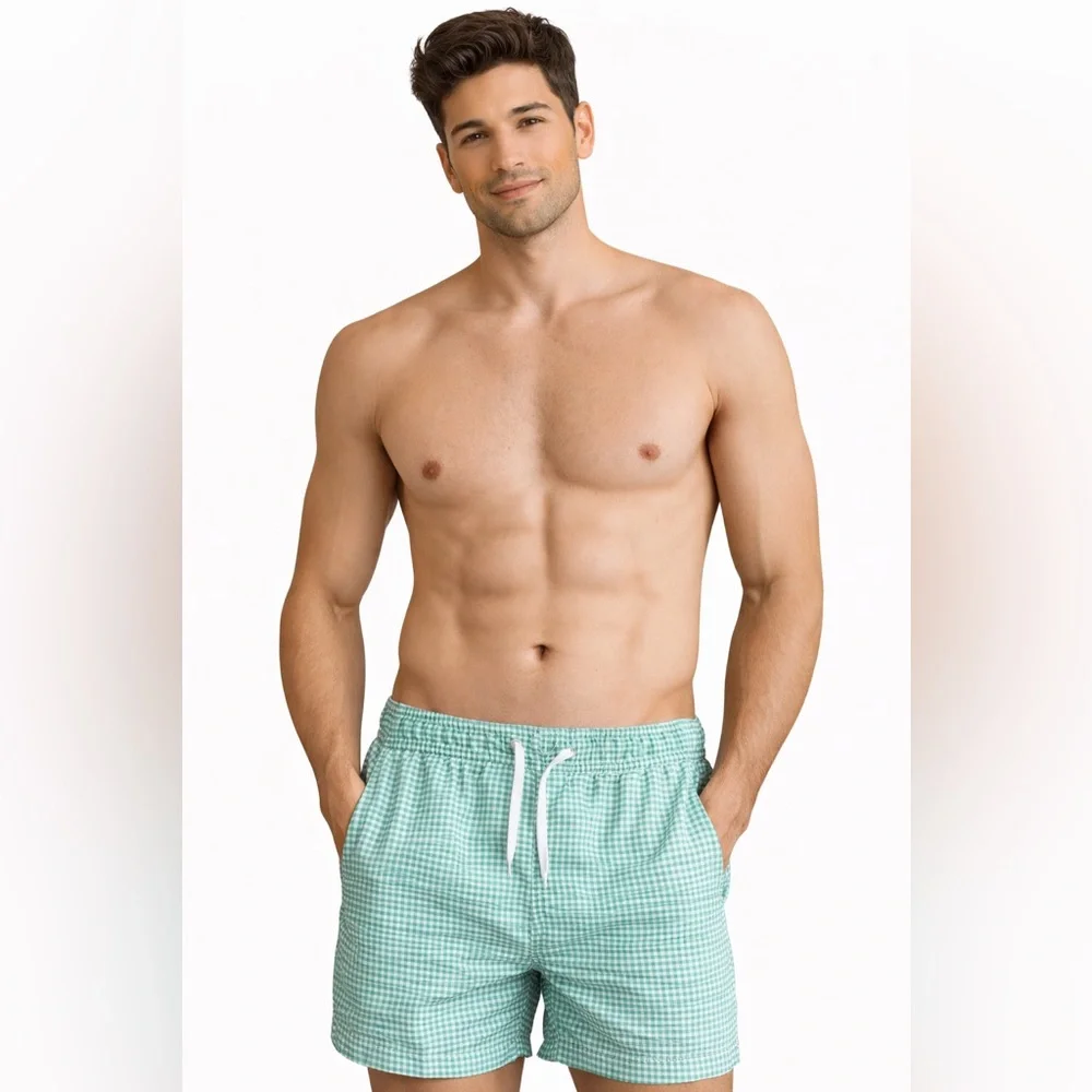Men's Green White Checkered Swim Shorts